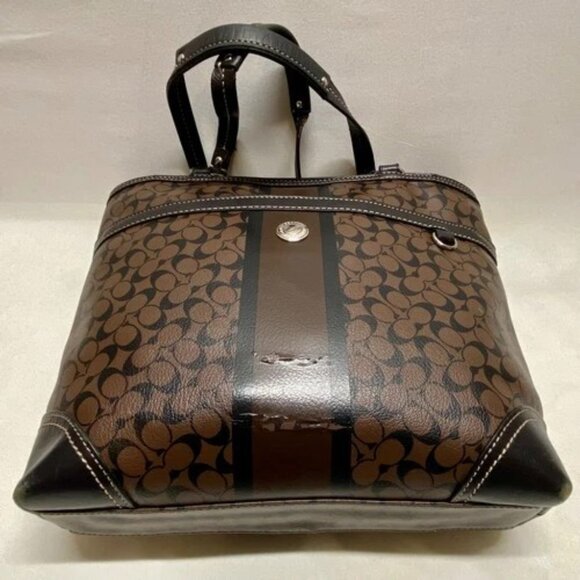 Coach Chelsea Heritage Tote F15137 Signature Stripe Black Brown Leather Handbag - Picture 3 of 16